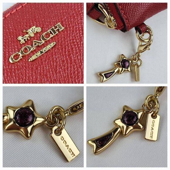 🩵NIB Coach Red Genuine Leather Wristlet w/Detachable \'Coach\' & Star Charms